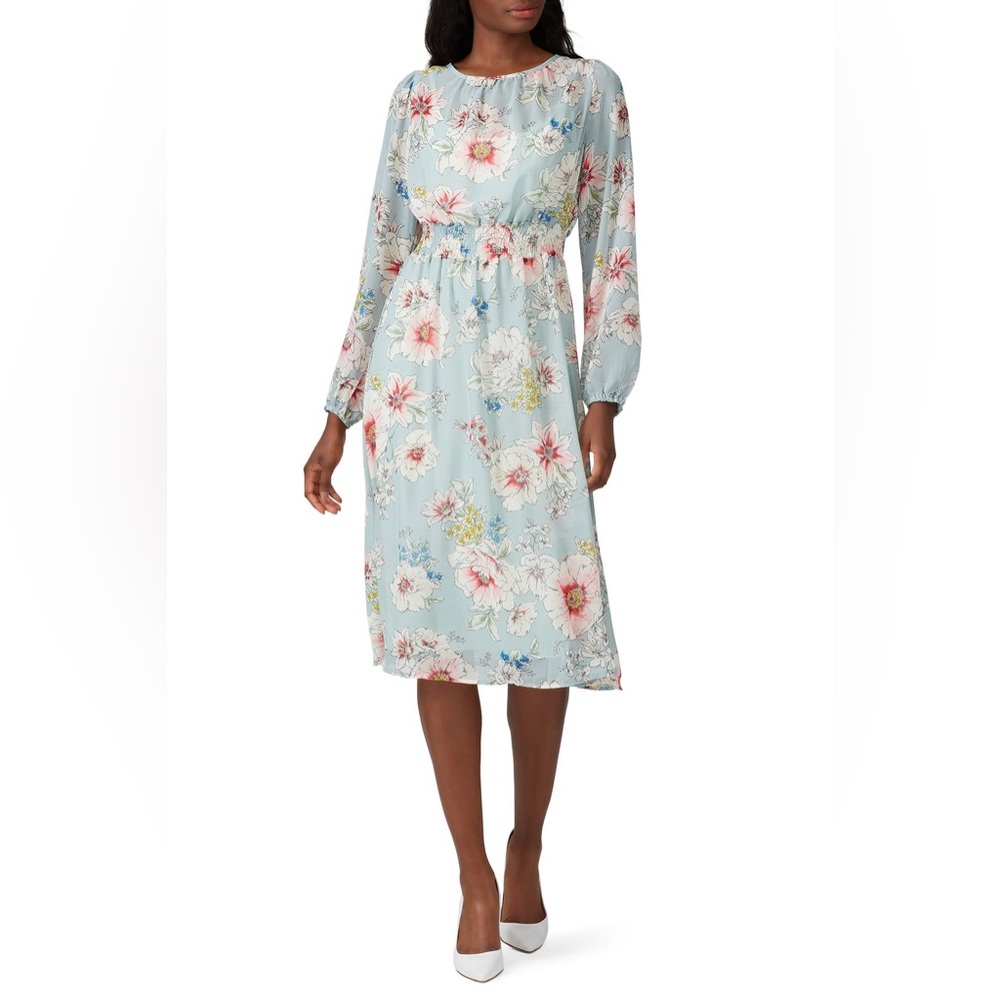 Leith Floral Blue Midi Long Sleeve Dress